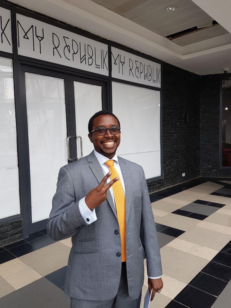 Edwin Macharia outside My Republik, Namibian Ally Angula's newly opened store in Rwanda