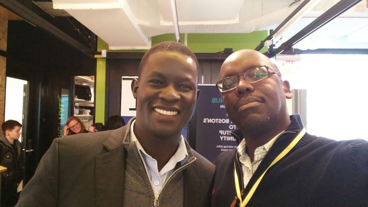 Victor Ochen and Aidan Eyakuze at a conference in Boston on Resilience in Children